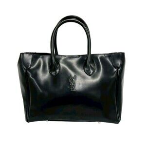 YVES SAINT LAURENT Vintage YSL Logo Leather Handbag Tote Bag Black 49285